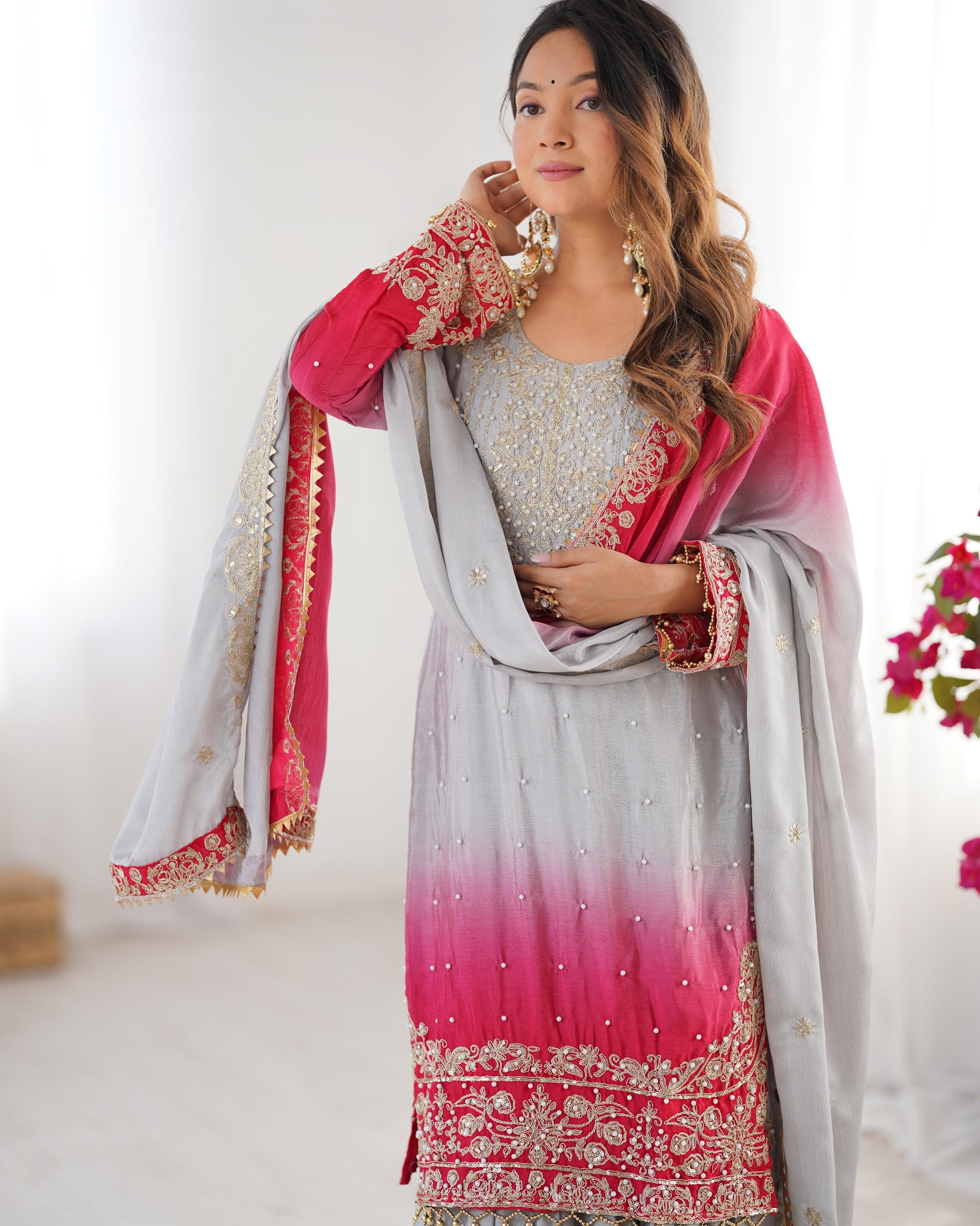 Good Looking Chinon Silk Rivet Moti Grey Color Sharara Suit
