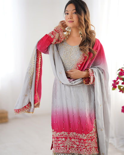 Good Looking Chinon Silk Rivet Moti Grey Color Sharara Suit