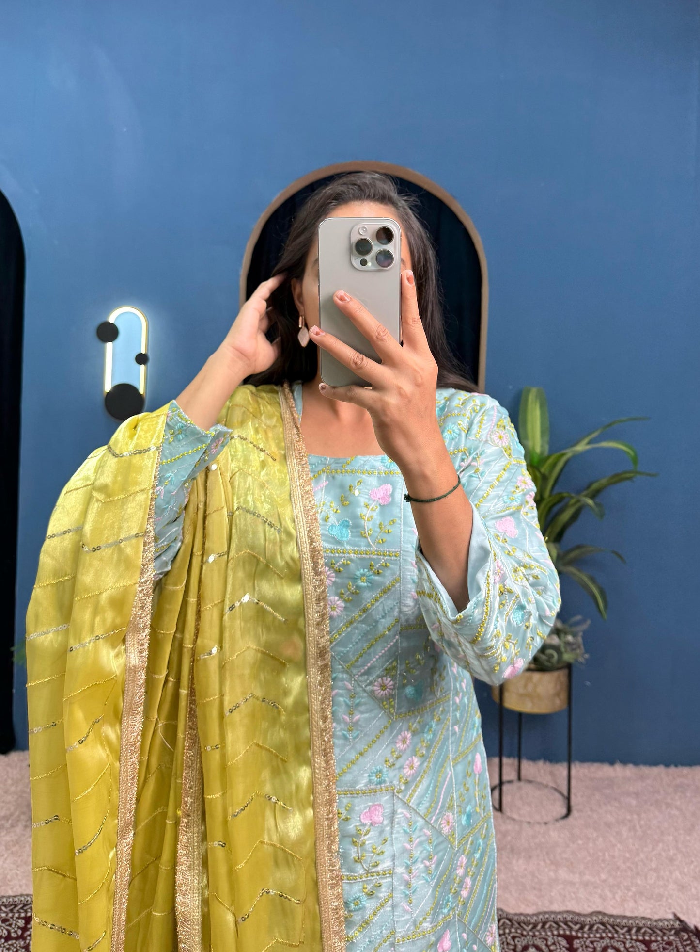 Superhit Jimmy Choo Sky Blue & Yellow Color Palazzo Suit