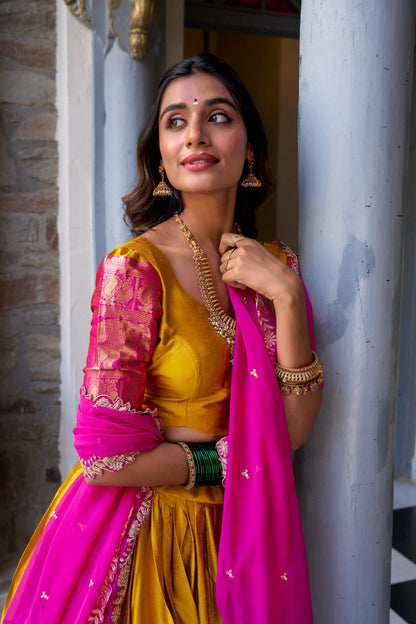 Blissful Zari Weaving Work Yellow & Pink Color Lehenga Choli