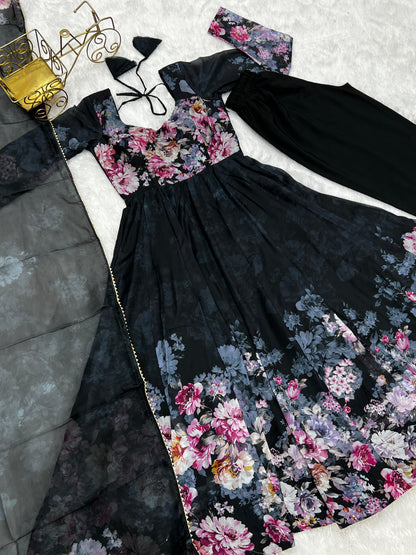 Casual Wear Multi Flower Print Black Color Anarkali Suit