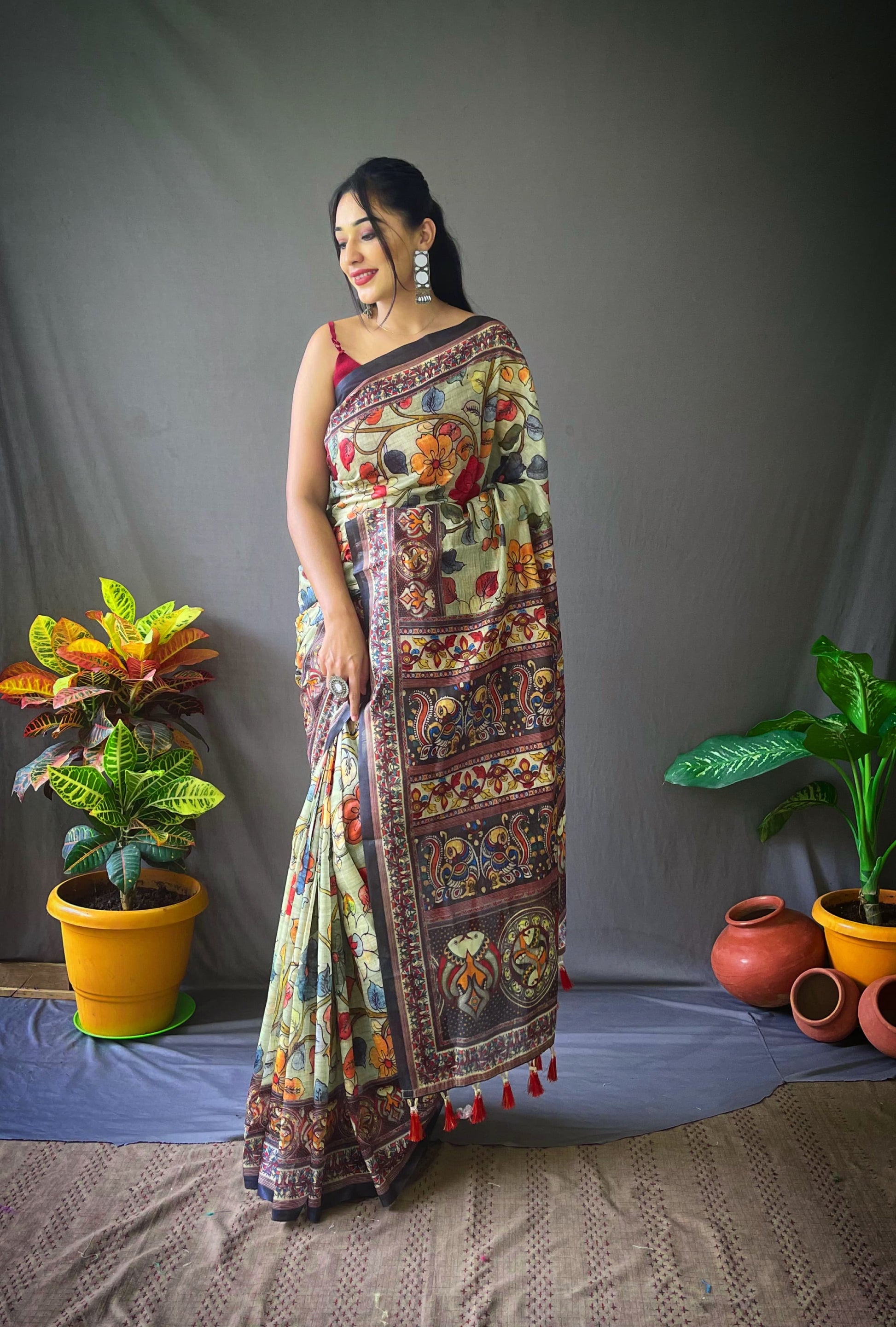 Festive Wear Multi Design Pista Color Cotton Saree