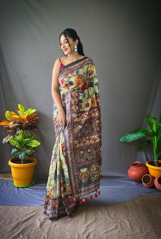 Festive Wear Multi Design Pista Color Cotton Saree