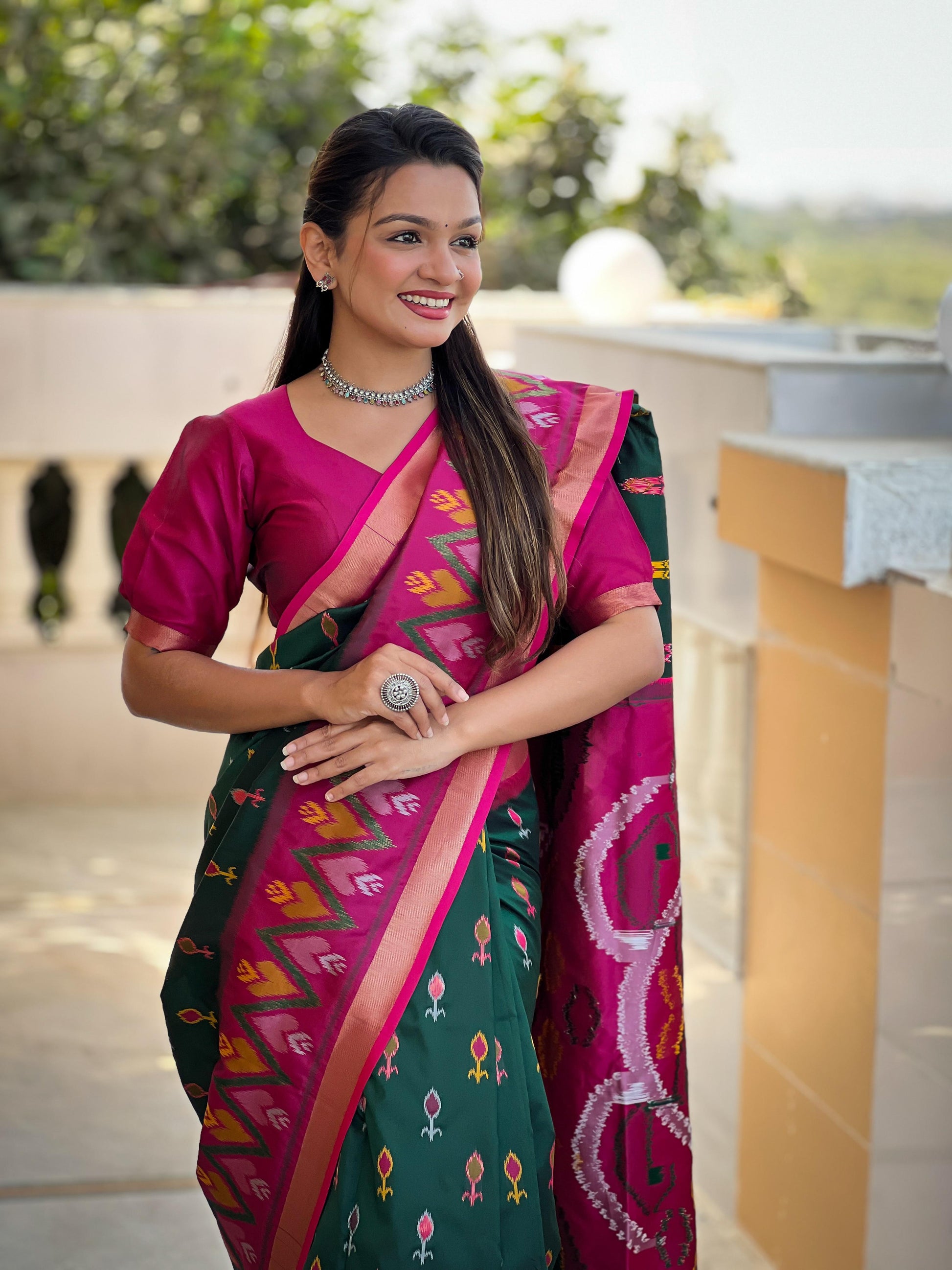 Green Color Patola Weaving Border Silk Saree