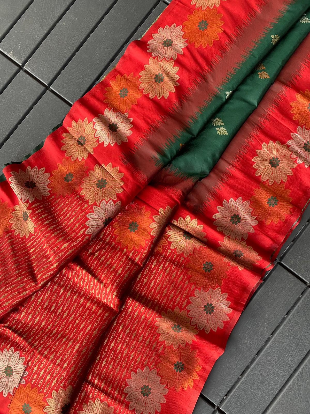 Lovely Floral Zari Weaving Border Green Color Silk Saree