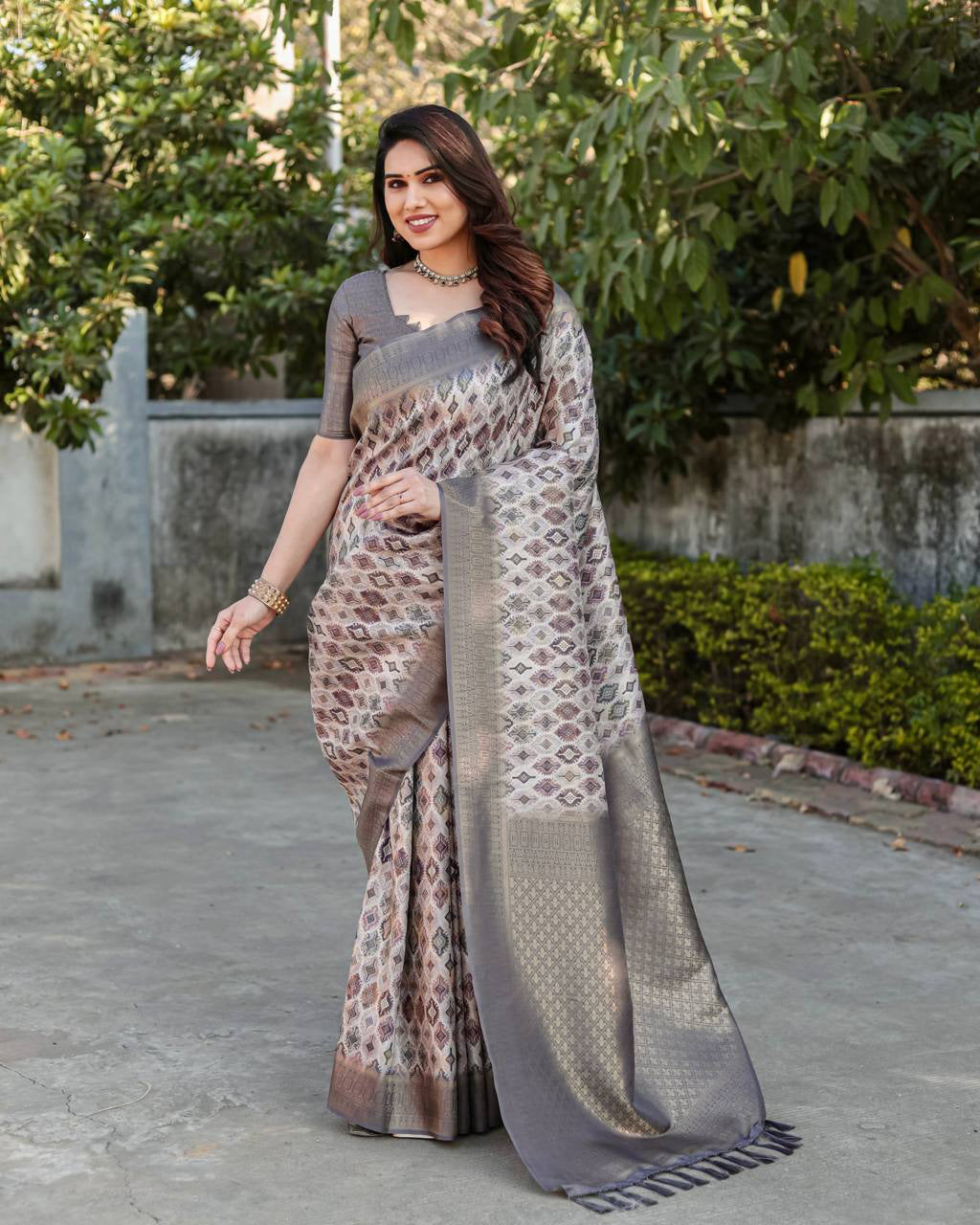Rich Golden Weaving Print Grey Color Banarasi Saree