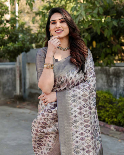 Rich Golden Weaving Print Grey Color Banarasi Saree