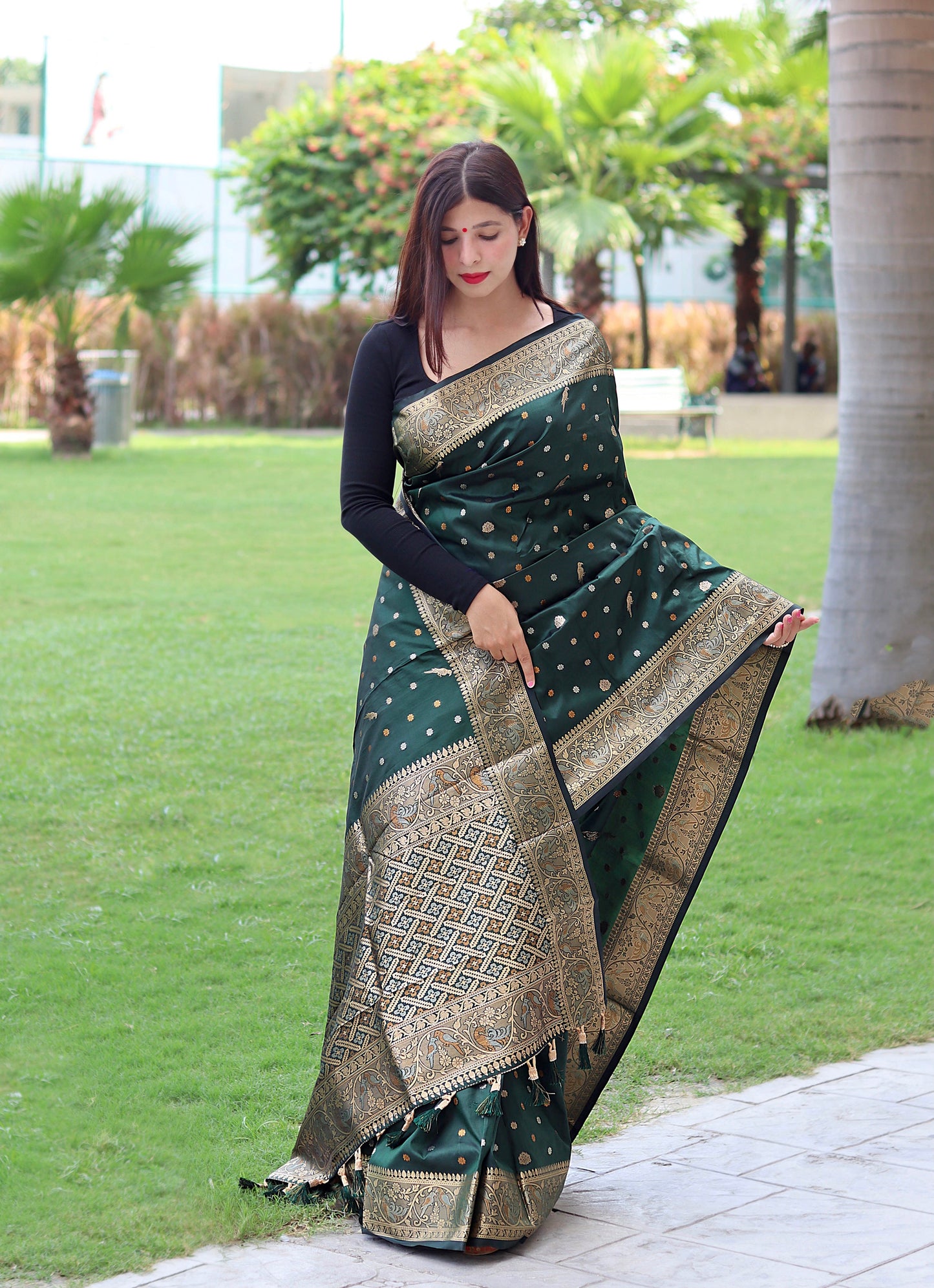 Copper And Golden Zari Border Green Color Saree