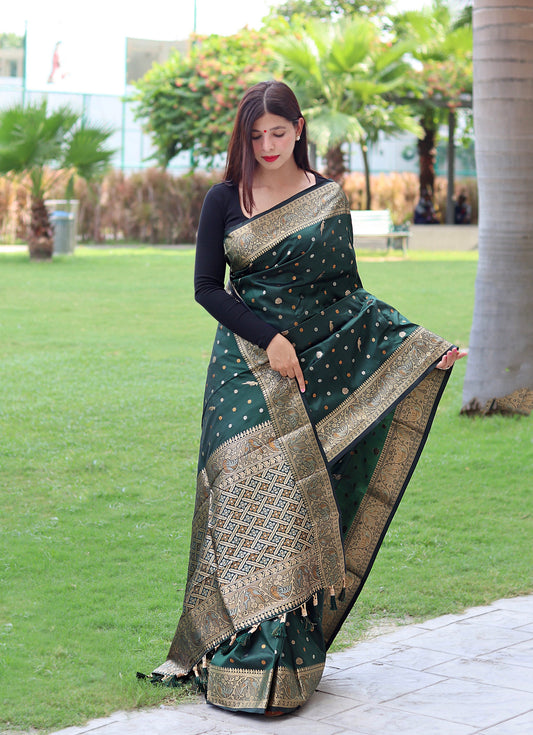 Copper And Golden Zari Border Green Color Saree