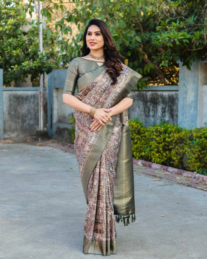 Rich Golden Weaving Print Green Color Banarasi Saree