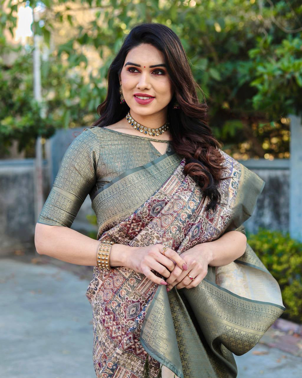 Rich Golden Weaving Print Green Color Banarasi Saree