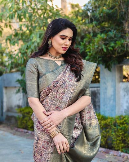 Rich Golden Weaving Print Green Color Banarasi Saree