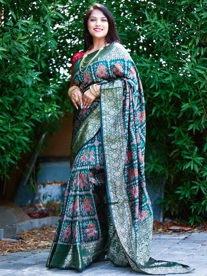 Patola Weaving Rich Pallu And Border Green Color Saree