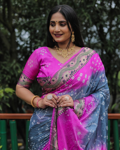 Bandhej With Zari Weaving Border Grey And Pink Saree