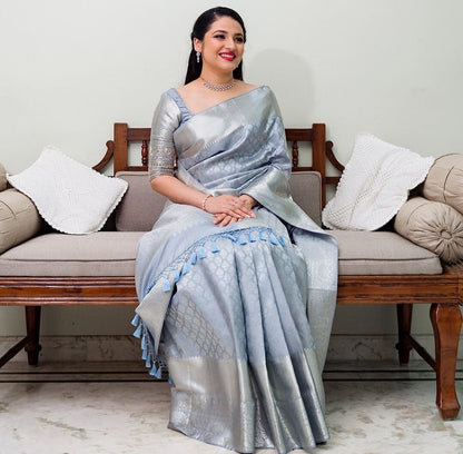 Good Looking Grey Color Banarasi Silk Saree