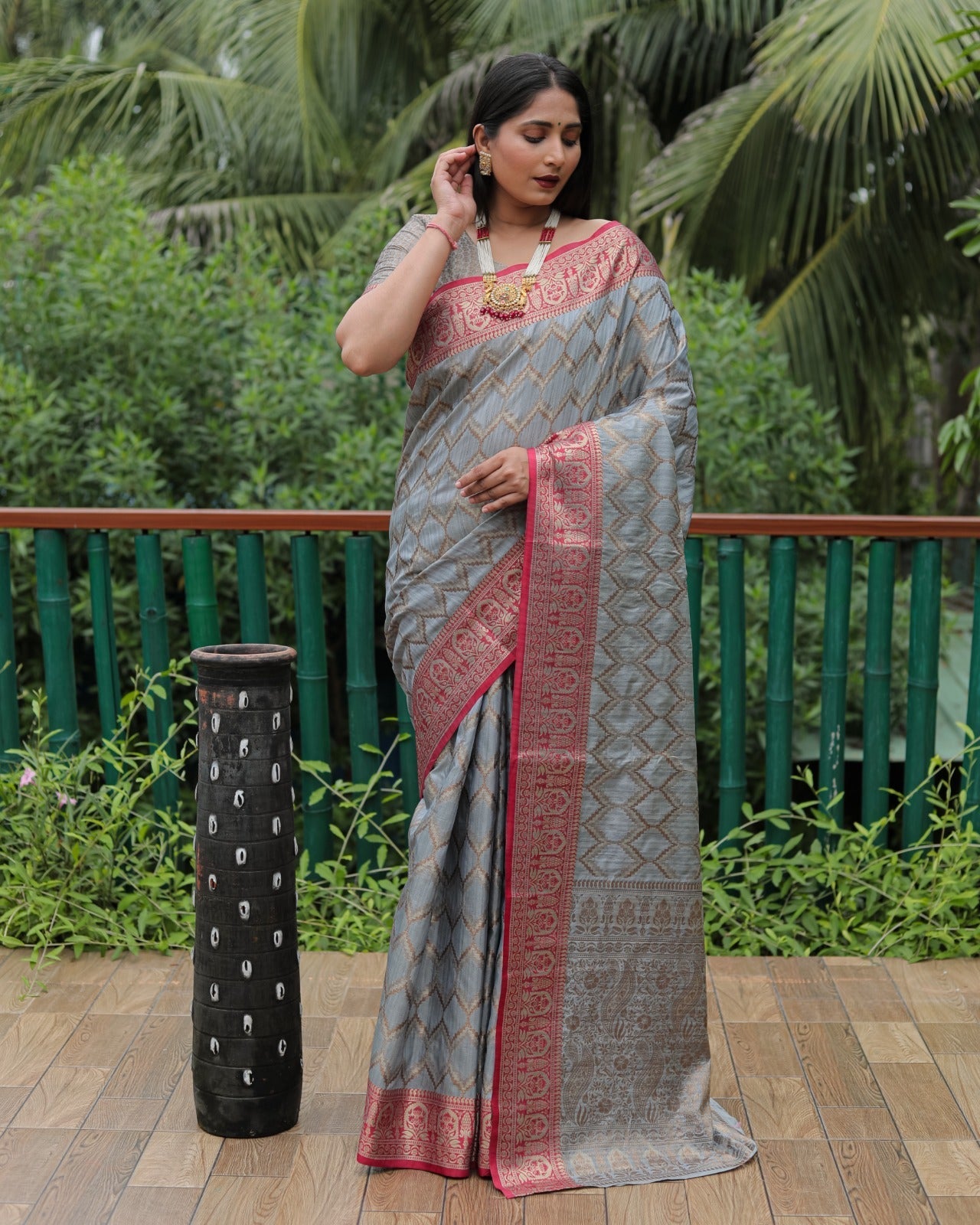 Grey Color Banarasi Saree With Rich Border