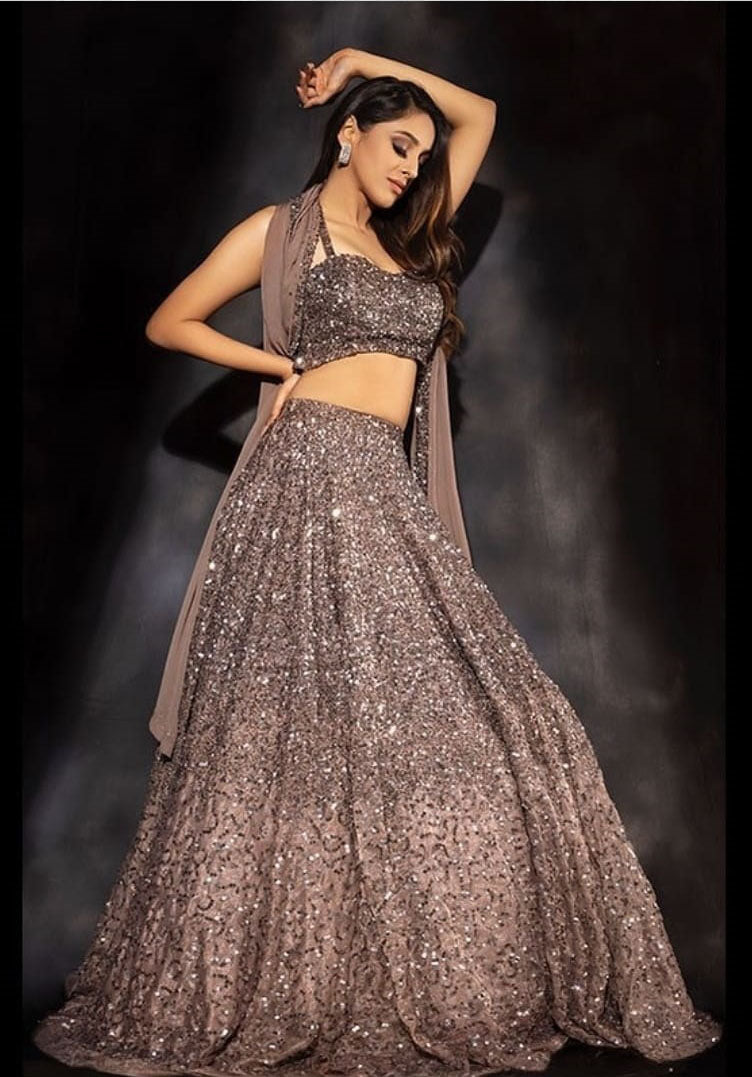 Embellished Beige Sequence Work Lehenga Choli