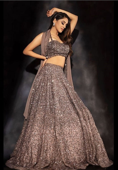 Embellished Beige Sequence Work Lehenga Choli