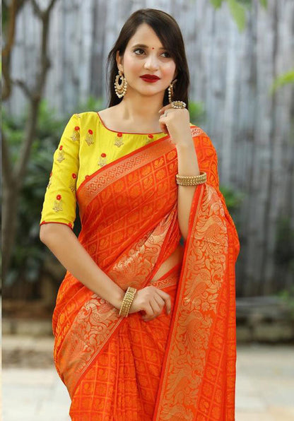 Charming Orange Color Soft Banarasi Silk Saree With Yellow Blouse