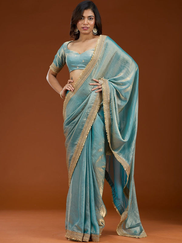 Sky Blue Tissue Saree with Gold Zari Border & Blouse | Designer Wedding Party Wear Saree