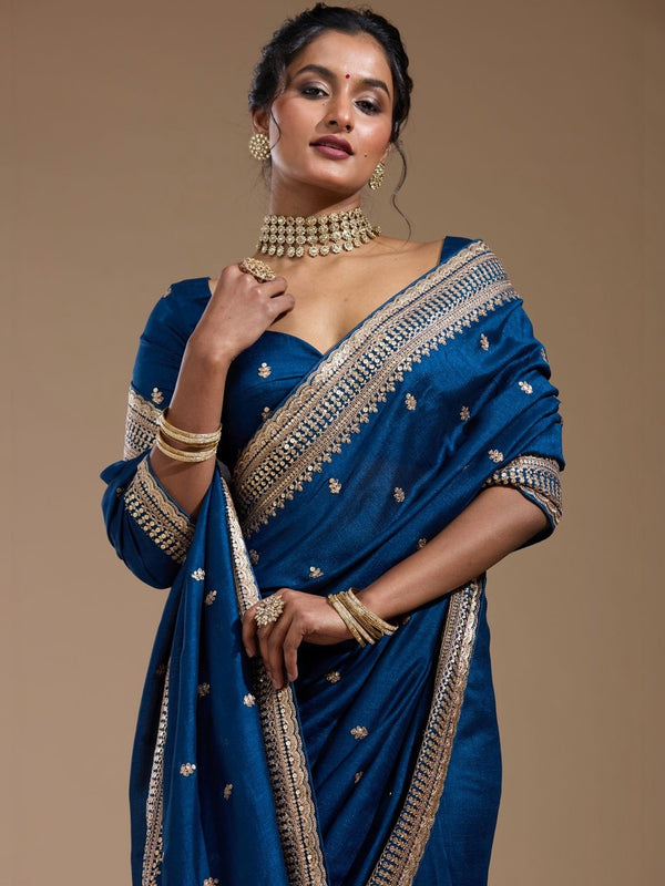 Teal Blue Silk Blend Saree with Gold Zari Border & Blouse | Wedding Party Wear Saree