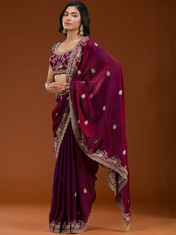 Wine Maroon Tissue Saree with Heavy Golden Embroidery & Blouse | Designer Wedding Party Wear Saree