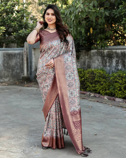 Rich Golden Weaving Print Maroon Color Banarasi Saree