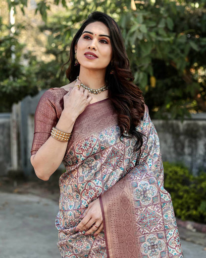 Rich Golden Weaving Print Maroon Color Banarasi Saree