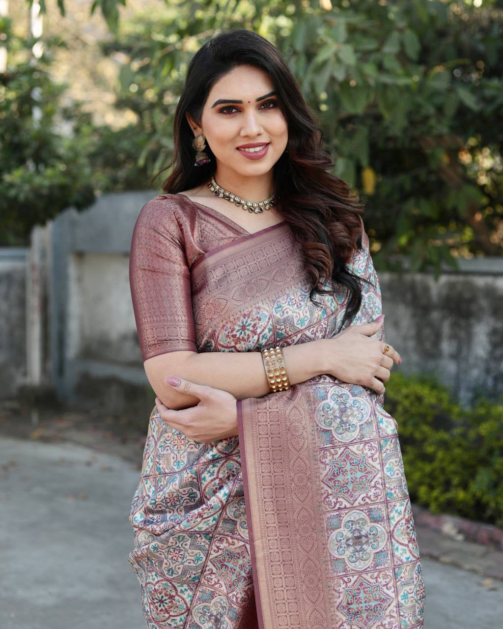 Rich Golden Weaving Print Maroon Color Banarasi Saree