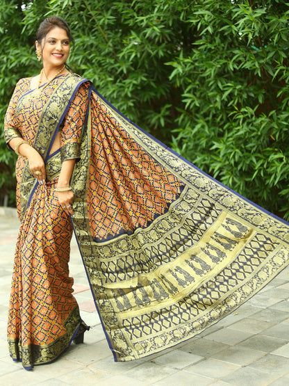 Beautiful Light Pink With Navy Blue Ajrakh Zari Weaving Saree