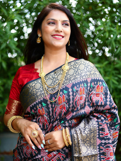 Patola Weaving Rich Pallu And Border Navy Blue Color Saree