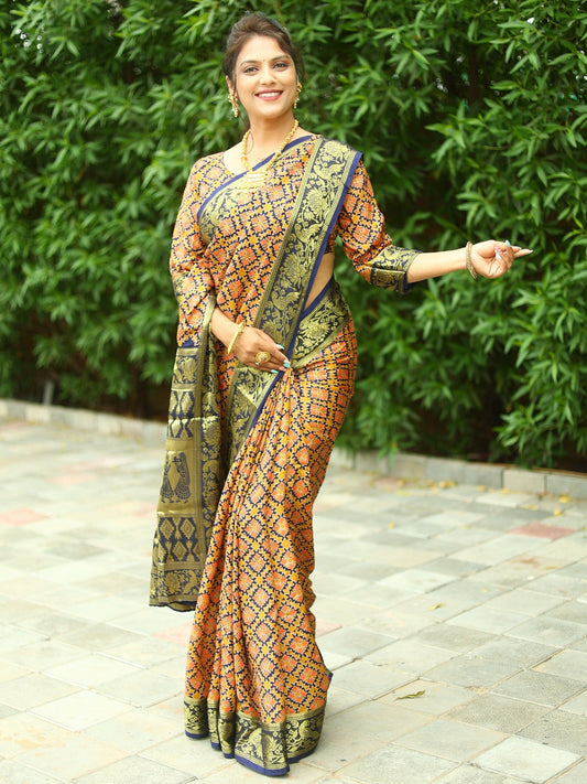 Beautiful Light Pink With Navy Blue Ajrakh Zari Weaving Saree