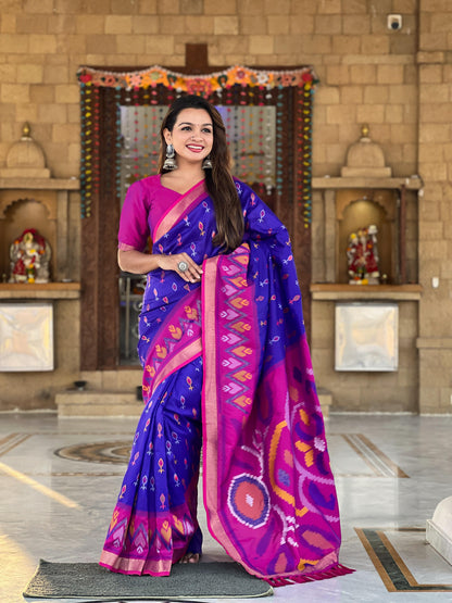 Navy Blue Color Patola Weaving Border Silk Saree