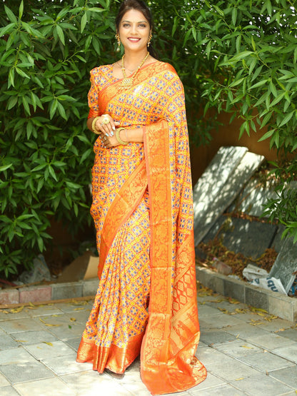 Beautiful Yellow With Orange Ajrakh Zari Weaving Saree