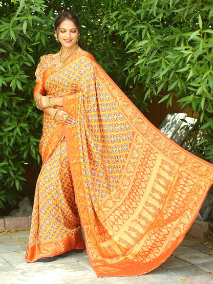Beautiful Yellow With Orange Ajrakh Zari Weaving Saree