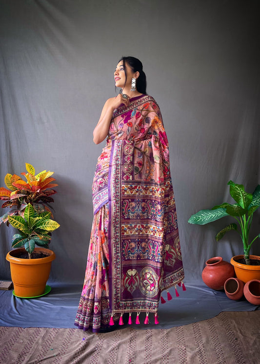 Festive Wear Multi Design Peach Color Cotton Saree