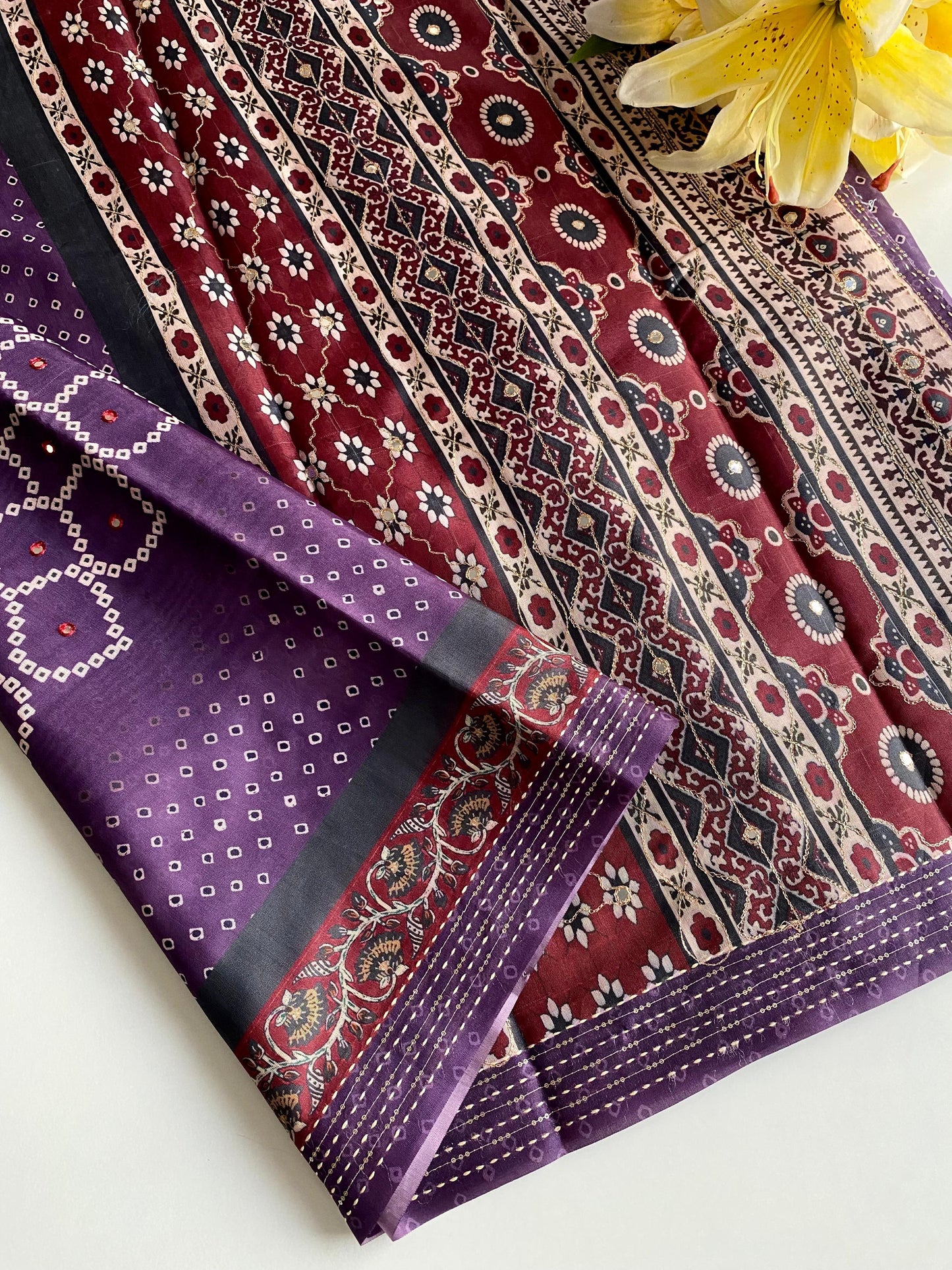 Delightful Bandhani Print With Work Purple Color Saree