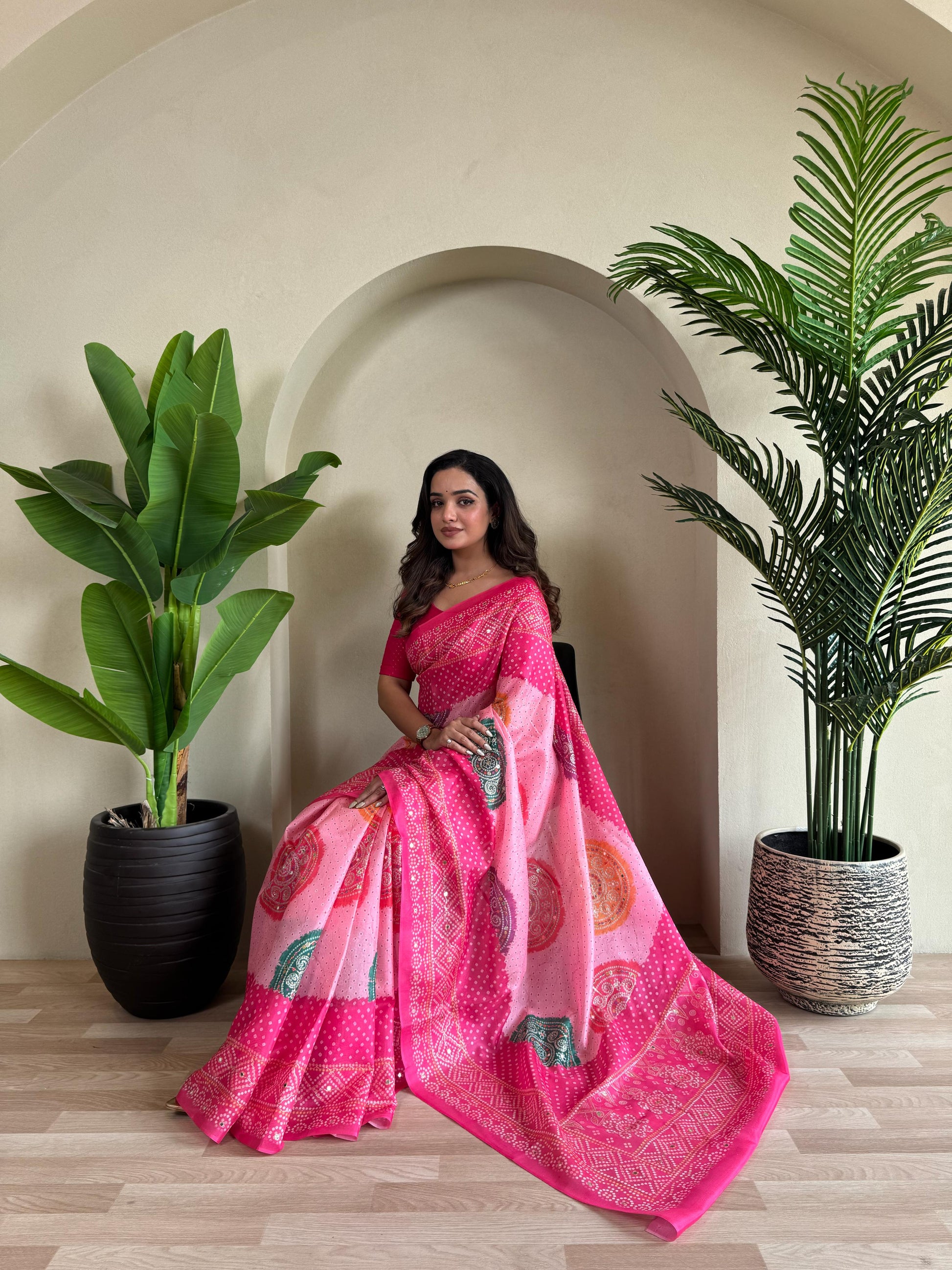 Multi Design Bandhani Print Pink Color Exclusive Saree