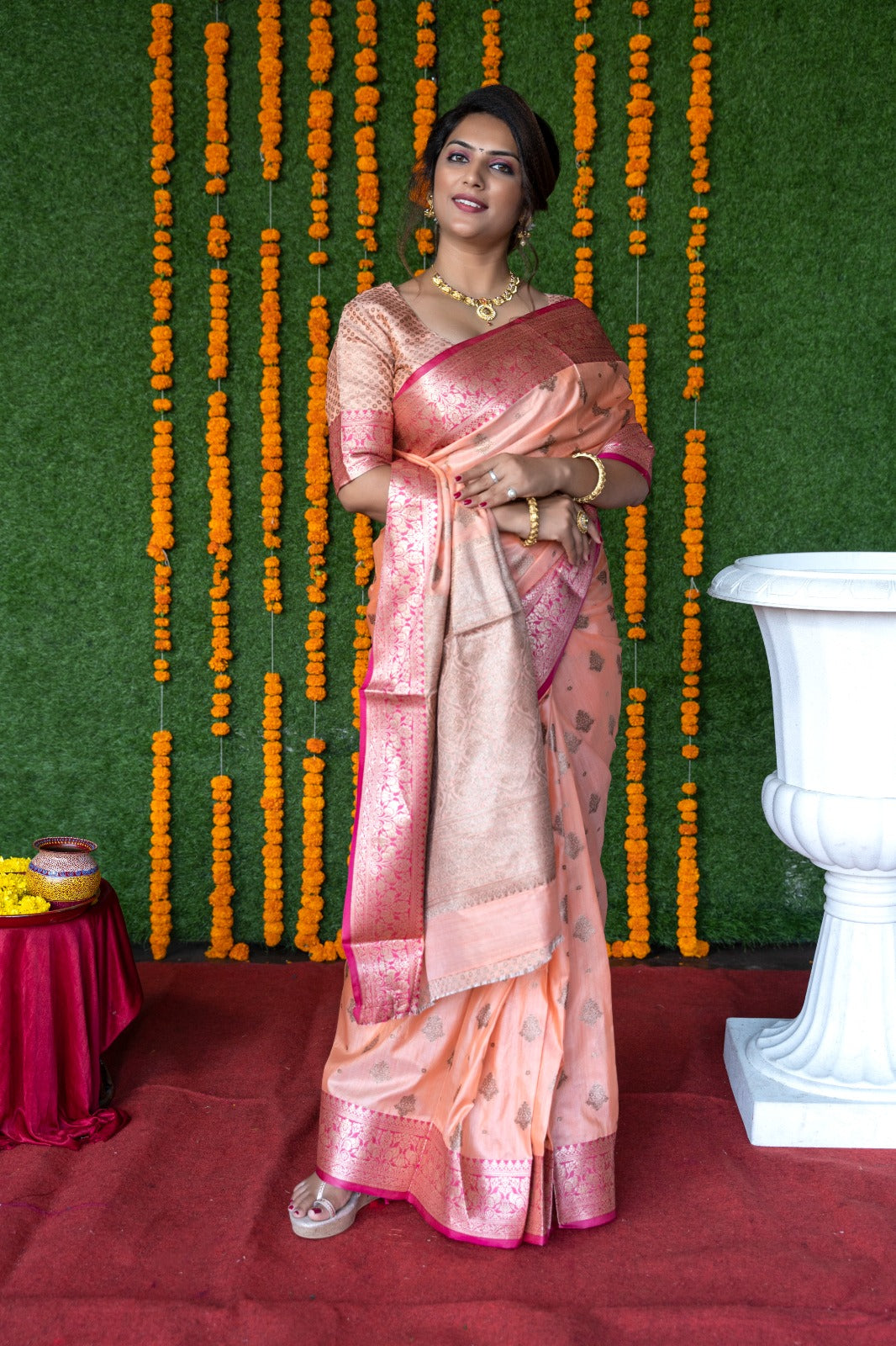 Peach Color Rich Pallu And Border Banarasi Saree