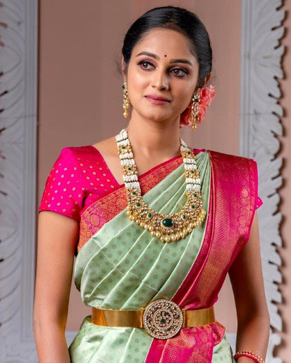Exclusive Pink And Light Green Jacquard Saree