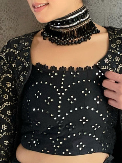 Gorgeous Black Color Chain Stich Sequnce Work Lehenga With Koti