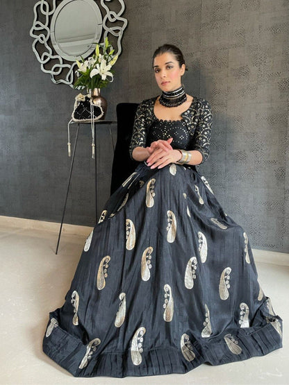 Gorgeous Black Color Chain Stich Sequnce Work Lehenga With Koti