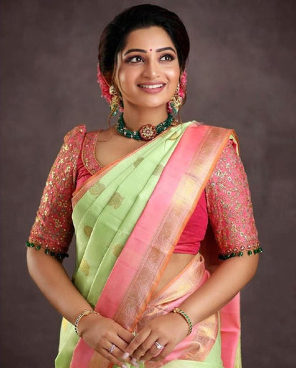 Wonderful Pista Green And Pink Color Silk Saree