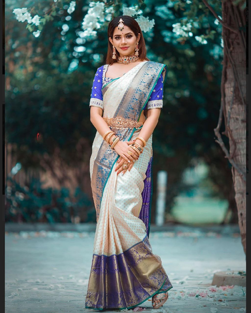 Off White and Blue Golden Work Saree