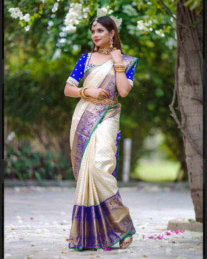 Off White and Blue Golden Work Saree