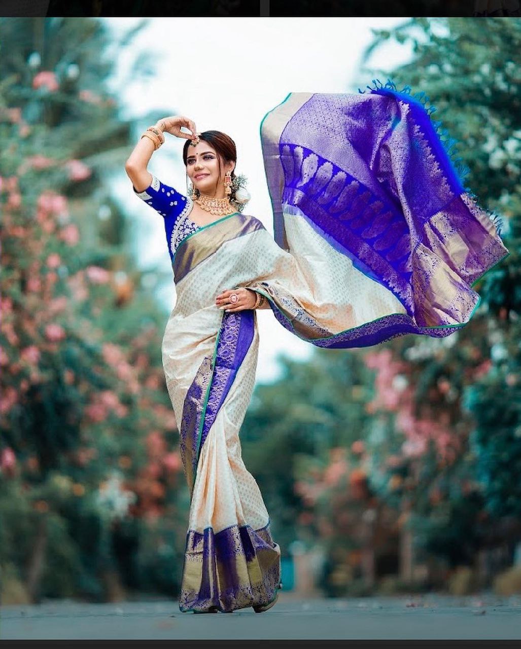 Off White and Blue Golden Work Saree