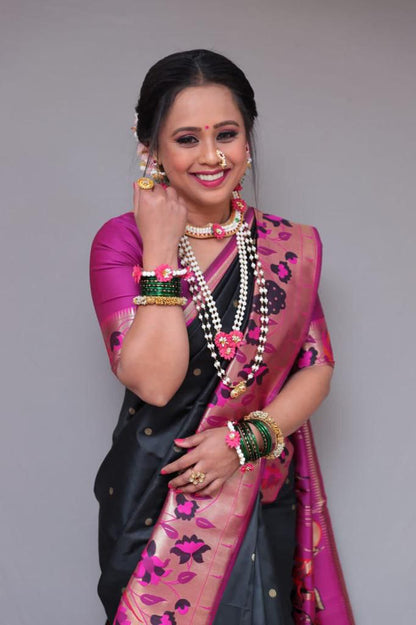 Pleasing Black Color Golden Jacquard Border Saree