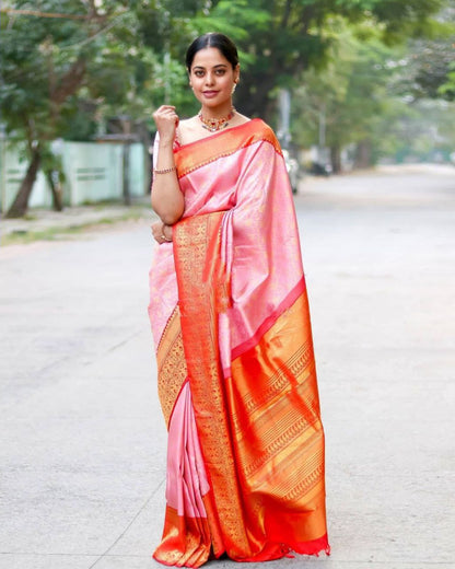 Glossy Light Pink Color Golden Jacquard Work Saree