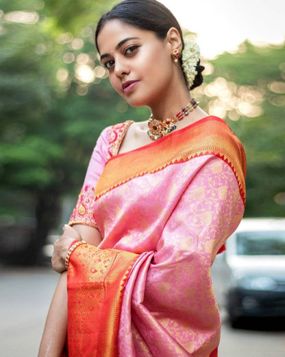 Glossy Light Pink Color Golden Jacquard Work Saree