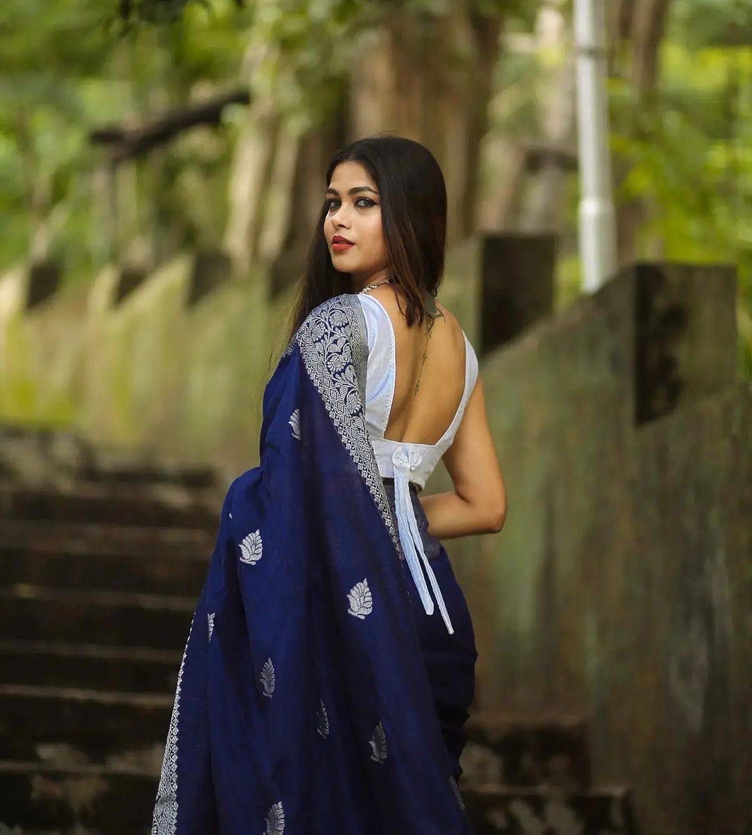 Decent Blue Color Soft Lichi Silk Party Wear Saree